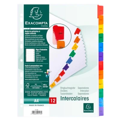 Abbildung von Exacompta Ref. 1113E Karton mit 20 Registern auf weißem 160g/m² FSC® 12 Registerkarten bedruckt monatlich von Januar bis Dezember in Farbe bedruckbare Indexseite für DIN A4