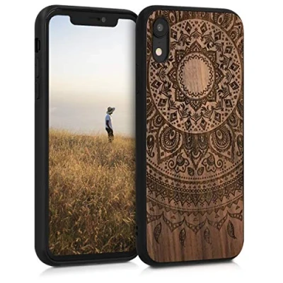 Abbildung von kwmobile Hülle kompatibel mit Apple iPhone XR Holz Case Handy Cover TPU Handyhülle in Dunkelbraun Indische Sonne
