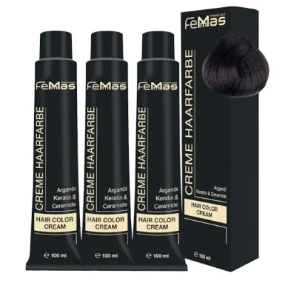 Abbildung von FemMas Haarfarbe 3x Kühles Mittelbraun 4.01 I Professionelle Creme mit Arganöl, Keratin &amp; Ceramiden Als dauerhafte Haarfärbung oder Tönung für strahlende, haltbare Farbergebnisse 100 ml