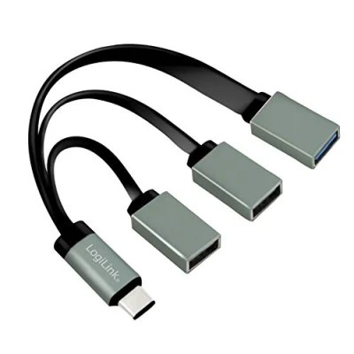 Abbildung von LogiLink UA0315 USB C (USB 3.1 Gen1 bis 5Gbps) Hub mit geradem Stecker auf 2X 2.0 (Typ A Buchse) + 1x 3.0 Buchse), Anthrazit
