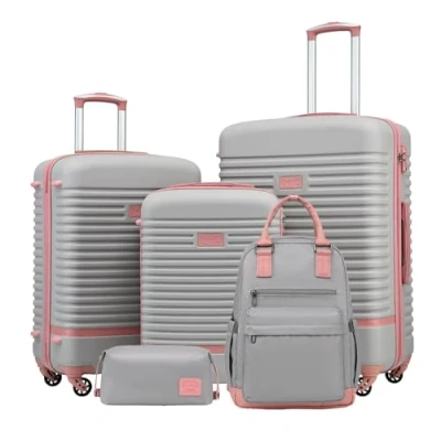 Abbildung von COOLIFE Koffer Trolley Reisekoffer von ABS Hartschalen 4 Rollen TSA Schloss Der Enthält 1 Reiserucksack und Kulturbeutel (Grau/Rosa, Set 5tlg)