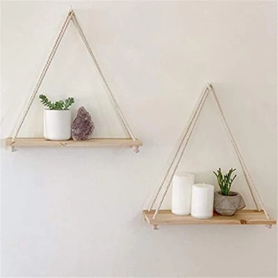 Abbildung von 2 pcs Holz Regal Wandregal mit Seil Hängeregal Schweberegale Aufhängen, Hängendes Wandschaukel Lagerregale Jute Organisator Rack, für Küche Wohnzimmer Schlafzimmer (Weißes Holz)