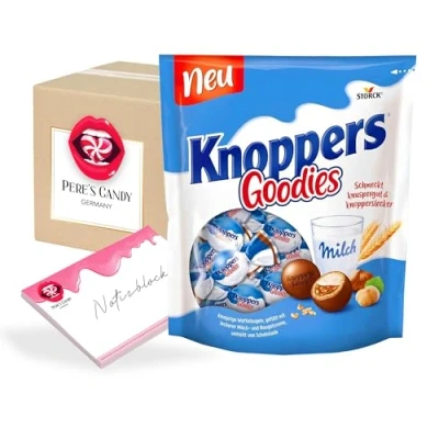 Abbildung von 7 x 180 g Knoppers Goodies knusprige Waffelkugeln gefüllt Milch und Nougatcreme mit Geschenk von Pere&#039;s Candy