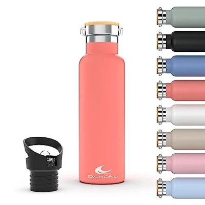 Abbildung von Daikoku Bottle, Doppelwandige Thermosflasche aus Edelstahl, Thermosflasche, die das Getränk stundenlang heiß oder kalt hält, Zwei Verschlüsse, Farbe Koralle, 750 ML