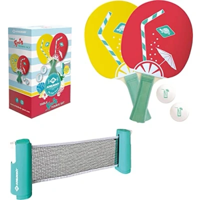 Abbildung von Schildkröt Tischtennis Set Spin FSC, Zwei Schlägern aus FSC Holz, 2 Bälle, inkl. ausziehbarer und längenverstellbarer Netzgarnitur, ideal für Unterwegs, Urlaub oder Garten, 788661, Mehrfarbig