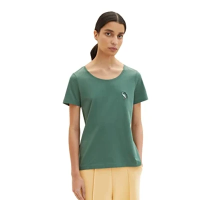 Abbildung von TOM TAILOR Damen 1035471 T Shirt mit Vogel Stickerei, 18601 Pineneedle Green, XXS