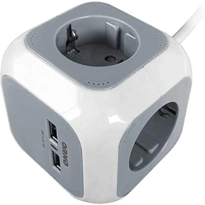Abbildung von ORNO AE 13144(GS) Steckdosenleiste Würfel Schuko, 2xUSB Ladegerät, 1,4 m H05VV F 3x1,5 mm2 (Grauweiß)