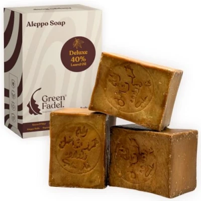 Abbildung von Green Fadel Aleppo Seife Deluxe 40% Lorbeeröl, 60% Olivenöl, 3x200g, inkl. Seifensäckchen, handgemacht, vegan, pure Naturseife, für Gesicht &amp; Körper, Handseife, Duschseife, Naturprodukt