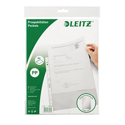 Abbildung von Leitz Standard Prospekthüllen Set, 25 Stück, A4 Format, Farblos mit matter Oberfläche, 0,065 mm PP Folie, 47966003
