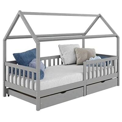 Abbildung von IDIMEX Hausbett NUNA aus massiver Kiefer, Montessori Bett in 90 x 200 cm mit Rausfallschutz, Spielbett Schubladen, modernes Kinderbett Dach grau