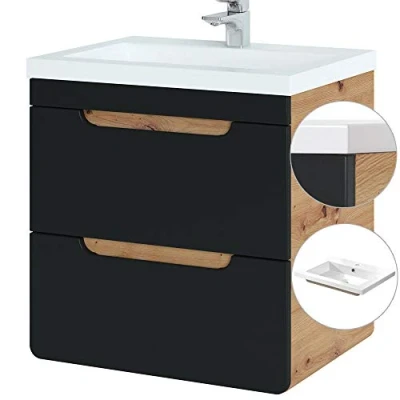 Abbildung von Lomadox Badezimmermöbel Waschtisch Set in seidenmatt anthrazit &amp; Wotan Eiche Nb., Keramik Waschbecken, 61 cm Waschtischunterschrank mit 2 Softclose Schubkästen