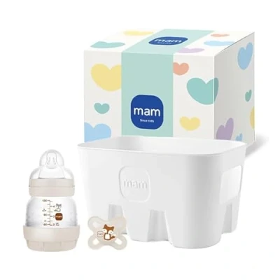 Abbildung von MAM Easy Start Anti Colic Combi Set XS, Baby Erstausstattung mit Flasche (130 ml), inkl. Sauger Größe 0, Schnuller und Flaschenkorb, Geschenk Set, ab der Geburt, beige