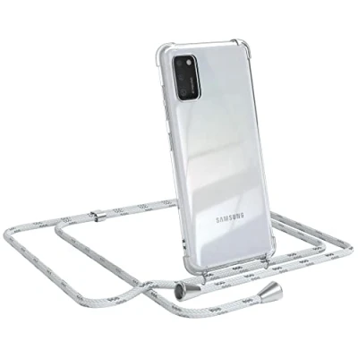 Abbildung von EAZY CASE Handykette kompatibel mit Samsung Galaxy A41 Handyhülle Umhängeband, Handykordel Schutzhülle, Silikonhülle, Hülle Band, Stylische Kette für Smartphone, Weiß/Silber