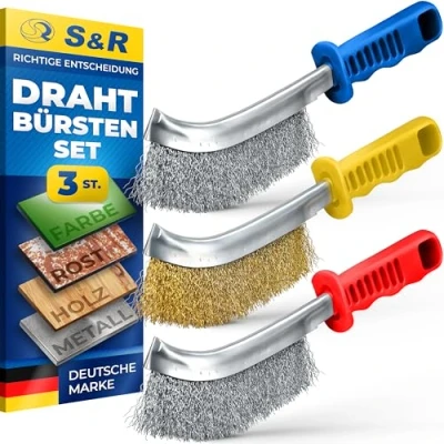 Abbildung von S&amp;R Reinigungsbürsten Set Handdrahtbürste Set, Drahtbürste 125mm Bürste, Entgraten, Entrosten, (Set, 3 tlg., teilig mit Edelstahlbürste, Messingbürste und Stahlbürste), Schweißnahtreinigung, Bearbeitung von Metallen, Holz