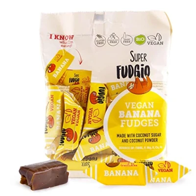 Abbildung von SUPER FUDGiO Bio Bonbons Banana Vegan und Glutenfrei Organic Karamellbonbons ohne Palmöl mit Kokosmilch Kokosnusszucker 150g