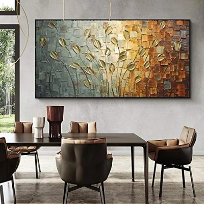 Abbildung von XIANGPEIFBH Nordic Abstract Golden Leaves Blumen Malen auf Leinwand Wandkunst Poster Drucke Wandbilder für Wohnzimmer Home 80x160cm Ungerahmt