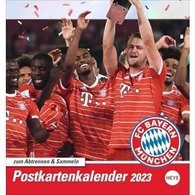 Abbildung von FC Bayern München Postkartenkalender 2023. Monats Tischkalender zum Aufstellen mit den Stars des Bayern. Ein kleiner Fotokalender Postkarten Versenden an Fußballfans.