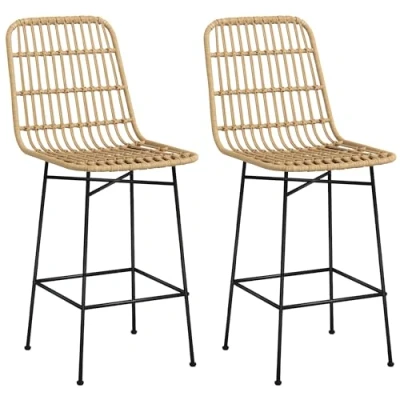 Abbildung von HOMCOM Barhocker 2er Set, Tresenhocker mit Rückenlehne aus PE Rattan, Thekenstühle (Barstuhl, 2 St., Küchenhocker), für Wohnzimmer, Küche, Gelb