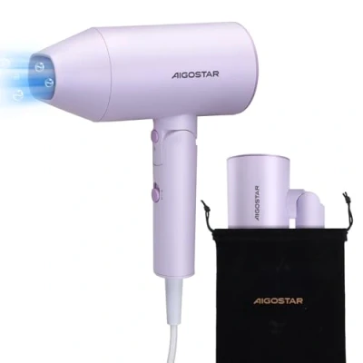 Abbildung von Aigostar Reisefön 2100W Ionentechnologie, 3 Temperaturen / 2 Geschwindigkeiten, Überhitzungsschutz, Lila mit Speicherbeutel Diane