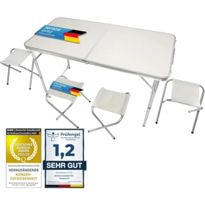 Abbildung von GOODS+GADGETS Klappbarer Multifunktionstisch Mehrzwecktisch Campingtisch Camping Set Klapptisch Markttisch höhenverstellbarer Tapeziertisch Beistelltisch zum Campen (Weiß: Tisch + 4 Stühle)
