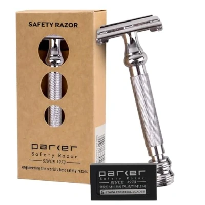 Abbildung von Parker Safety Razor 99R Stiel Schwergewichts Schmetterling Öffnen &amp; 5 Premium Platinum Double Rasierklingen