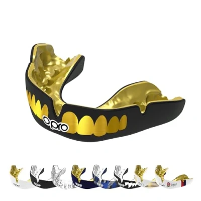 Abbildung von OPRO Instant Custom Fit Mundschutz, vom Zahnarzt angefertigter für ultimativen Komfort, Schutz, und Passform. Zahnschutz Rugby, Boxen, Hockey, MMA (Goldzähne, Erwachsene)