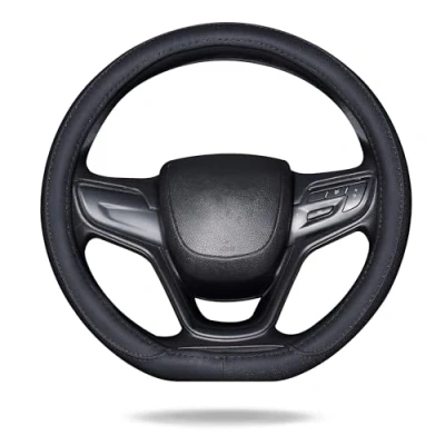 Abbildung von Lifetooler Auto Lenkradbezug D Typ Lenkradhülle Form Universeller Atmungsaktiver, Rutschfester Lenkrad Bezug Flacher Boden für Männer Frauen 38cm(15&quot;) PU Leder (schwarz)