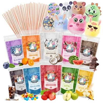 Abbildung von CANDY LAMA Zuckerwatte Zucker Set 10 x 250g inkl. 100 Zuckerwattestäbe 100% Vegan &amp; Allergenfrei Ideal für Zuckerwattemaschine essbare Dekorationen