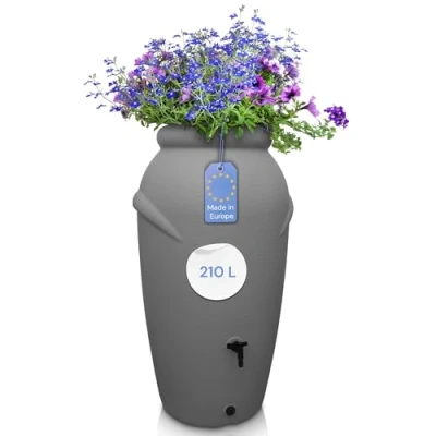 Abbildung von YourCasa Regentonne 210 Liter [Amphore Design] Regenfass aus Kunststoff mit Wasserhahn, Bepflanzbar, 210L, Deckel