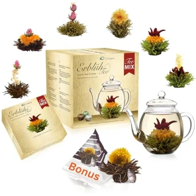 Abbildung von Creano Teeblumen Geschenkset Erblühtee mit 500ml Glaskanne &amp; 6x weißer, schwarzer, grüner Tee + Teelini Schwarztee Bonuskugel 8 teilig