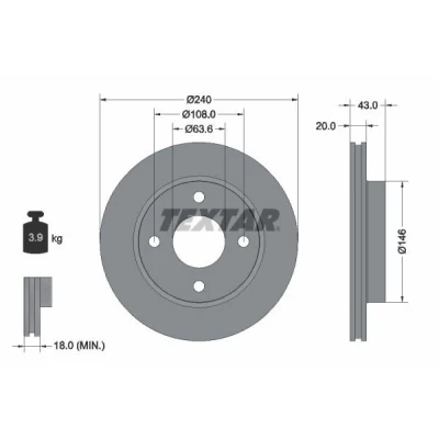 Abbildung von TEXTAR PRO 92051003 Bremsscheibe 240 20 04/04 108 innenbelüftet beschichtet ohne Radbefestigungsbolzen, Radnabe FORD: Escort 5 Schrägheck