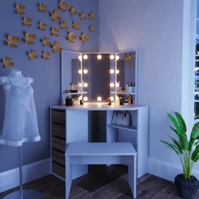 Abbildung von Vicco Frisiertisch für die Ecke Arielle, Weiß/Sonoma/Sonoma, 110 cm mit LED Beleuchtung und Bank