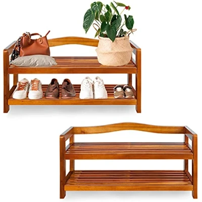 Abbildung von Casaria® 2X Schuhregal mit 2 Ebenen 75x26x42cm FSC® Zertifiziert Akazien Holz Massiv Bad Diele Flur Schuhschrank Schuhaufbewahrung Schuhständer Braun