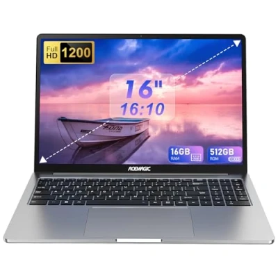 Abbildung von ACEMAGIC Laptop, Metallgehäuse, 16 Zoll FHD, GB DDR4, 512 SSD Notebook Computer, In tel Quad Core N97 (bis zu 3,60 GHz) schlägt N5095, Leichter Laptop mit WLAN, BT5.0, USB 3.2 x 2, Typ C(Gray)