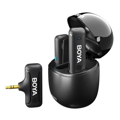 Abbildung von Boya Drahtloses Lavalier Mikrofon, 3.5mm TRS Mikrofon für Kamera, Rauschunterdrückung, 100m Übertragung, 32H Arbeitszeit, Mini Plug Play Kamera/Camcorder/Recorder (BY WM3T M2)