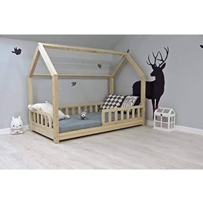 Abbildung von Best For Kids Kinderbett Hausbett Kinderhaus mit Rausfallschutz Jugendbett 10 cm Matratze Natur Haus Holz Bett (90x200 ohne Matratze)