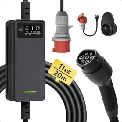 Abbildung von dé Mobile Wallbox 11kW 3 phasig20m6 16a Einstellbare Ladeleistung, Ladekabel CEE auf Typ 2 und Ladestation für ID.3, ID.4, ID.5, Model Y, 3, e up, tron, Zoe u andere EV