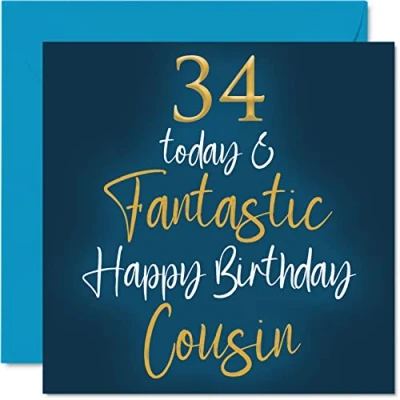 Abbildung von Fantastische Geburtstagskarte zum 34. Geburtstag für Cousin 34 Today &amp; Fantastic Happy Birthday Karte von Verwandten, Geburtstagsgeschenke, 145 mm x Geburtstagsgrußkarten
