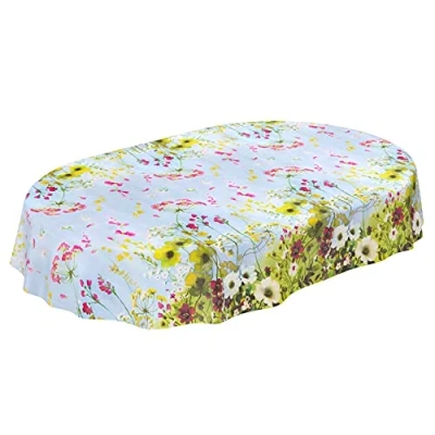 Abbildung von Wachtuchtischdecke abwaschbare Tischdecke Wachstuch Wildfeld Blumen Heide Mehrfarbig pflegeleicht Oval 180x140cm