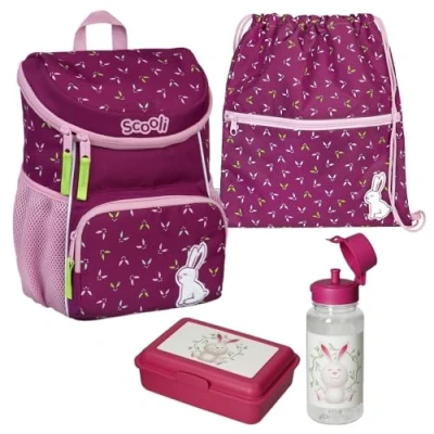 Abbildung von Scooli Kinderrucksack Mini Me Rosie Rabbit (Set, inkl. Turnbeutel, Brotdose und Trinkflasche), Mädchen Rucksack Set in Violett / Lila mit niedlichem Hase