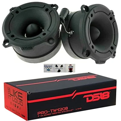 Abbildung von 2 DS18 pro TW120B super Aluminium hochtöner Schwarze mit 120 watt rms und 240 max 7,90 cm Durchmesser Einer von 4 ohm 103 dB, Paar + kondensatoren 3 kostenlose Aufkleber