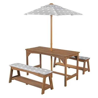 Abbildung von roba Kindersitzgruppe Outdoor+ aus Massivholz inkl. 1 Tisch, 2 Bänken, Little Stars Sonnenschirm &amp; Sitzauflagen teak