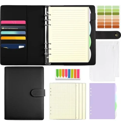 Abbildung von Qefuna A5 Ringbuch,Ringbuch nachfüllbar mit180 Blatt Nachfüllpapier, Notizbuch mit Bindetaschen und Unterteilungen, Binder für Männer Frauen，Schwarz