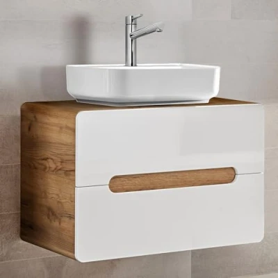 Abbildung von Lomadox Badezimmer Waschtisch Set 80 cm Waschtischunterschrank weiß Hochglanz mit Wotan Eiche Nb. &amp; 51 Keramik Waschbecken