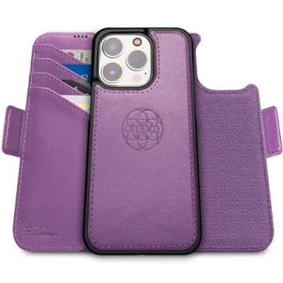 Abbildung von Dreem Fibonacci kompatibel mit iPhone 15 Pro Max Brieftaschen Etui / 2 in 1 stoßfestes und abnehmbares Folio aus veganem Leder, MagSafe kompatibel, RFID Schutz [Lila]