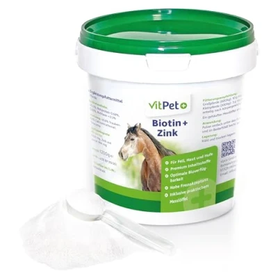 Abbildung von VitPet+ Biotin Plus Zink Premium Ergänzungsfuttermittel mit hochdosiertem und Pferd 1,2 kg Zur Unterstützung von Haut, Fell Hufe Bei Mauke Ekzemen Inkl. Dosierlöffel
