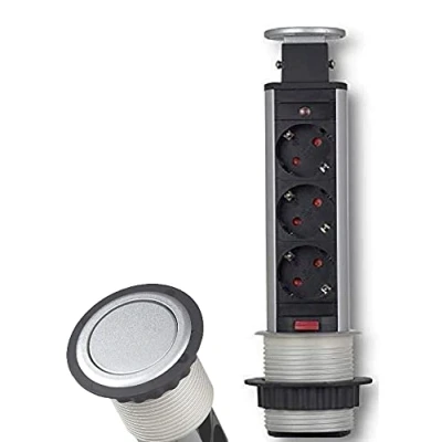 Abbildung von Versenkbare Einbausteckdose (schwarz) mit Kabel/Stecker 3er Schuko Steckdose Tischsteckdose versenkbar Schreibtisch Stromdose Energiestation
