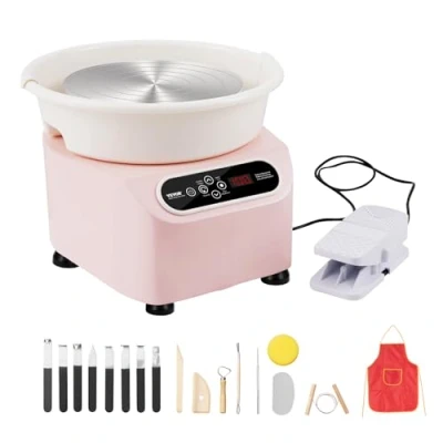 Abbildung von VEVOR Töpferscheibe, 28 cm Töpferformmaschine, 350 W elektrische Töpferscheibe mit Pedal und LCD Touchscreen, Direktantrieb Keramikscheibe Formwerkzeugen für Heimwerker Kunsthandwerk, Rosa