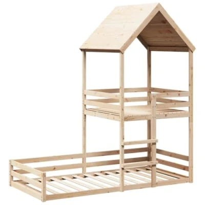 Abbildung von vidaXL Etagenbett, Hochbett mit Dach Leiter Sperrholzlatten, Stockbett für Schlafzimmer, Bett Holzbett Einzelbett, 90x200cm Massivholz Kiefer