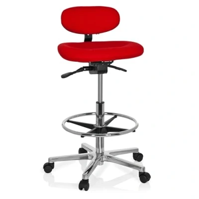 Abbildung von hjh OFFICE 608331 Arbeitsstuhl hoch Work MF Stoff Rot Stehhilfe Büro Drehhocker mit Lehne &amp; Rollen, höhenverstellbar
